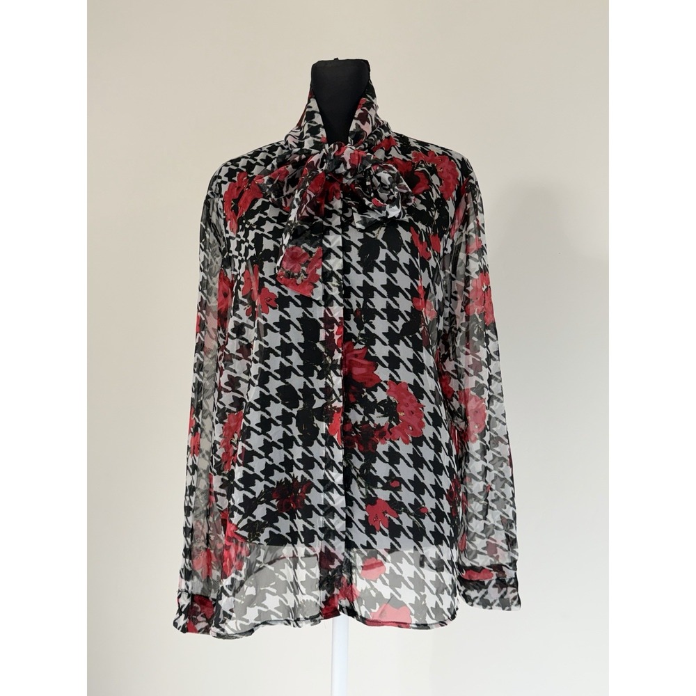 Zara Sheer Houndstooth Rose Floral Blouse Size L Tie Neck Bow Button Up Top